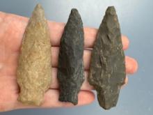 3 Archaic Stem Points, Longest is 3", Found in Lancaster Co., Pennsylvania, Ex: Ted Knieriem