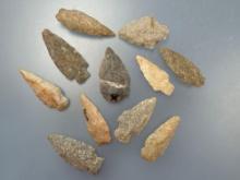 11 Various Quartzite Points, Blades, Longest is 2 5/8", Found in Berks Co., Pennsylvania,