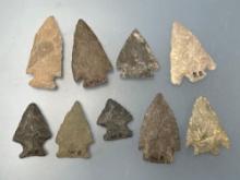 9 Fine Arrowheads, Nice Examples, Found in Lancaster and York Co., Pennsylvania, Longest is 2 1/16"