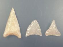 3 Fine Quartz Triangle Points, Found in Lancaster Co., Pennsylvania, Longest is 1 1/2",