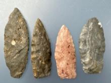 4 Fine Lanceolate Points, Longest is 3 3/16", Found in Greenwood Co., Kansas, Ex: Terry Miller