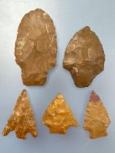 5 FINE Jasper Points, Arrowheads, Longest 2 3/4", Found in Phillipsburg, New Jersey,