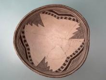 9 1/2" Wide, x 4 1/2" Tall Black on White Mimbres "Pouring" Bowl, Flower Design, Broken and Reglued,