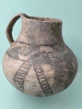 6 1/2" Tall x 6" Wide Black on White Anasazi Pitcher, Some Restoration At Cracks and Pieces Missing