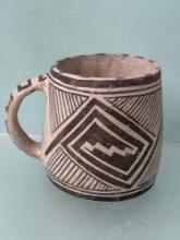 4 1/4" Tall x 5 1/4" Wide, Black on White Anasazi Mug, Broken and Reglued, Minor Restoration Filling