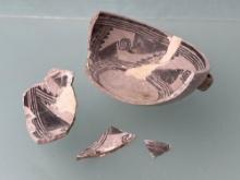 5 1/2" x 2 1/4" Black on White Anasazi Vessel, w/Handle, 70% complete, Restoration seen in White,