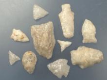 9 Nice Quartz Arrowheads, Longest is 2", Found near Conowingo Dam, Cecil Co., Maryland, Ex: Podpora