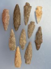 10 Archaic Stem Points, Quartzite, Longest is 3 1/2", Found in Lancaster Co., Pennsylvania