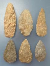 6 Various Quartzite Knives, Preforms, Longest is 4", Found in Lancaster Co., Pennsylvania,