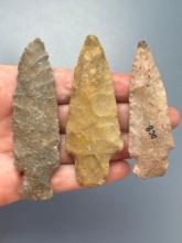 3 Nice Stemmed Points, Longest is 3 5/16", Found in Greenwood Co., Kansas, Ex: Terry Miller