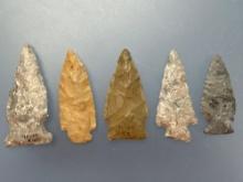 5 Various Arrowheads, Longest is 2 3/16", Found in Greenwood Co., Kansas, Ex: Terry Miller