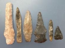 6 Various Tools, Points, x1 Bone, Longest is 3 3/8", Found in Greenwood Co., Kansas,