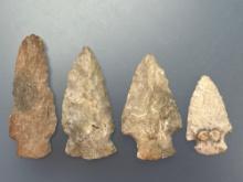 4 Various Arrowheads, Longest is 2 7/8", Found in Greenwood Co., Kansas, Ex: Terry Miller