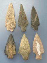 6 Classic Archaic River Points, Longest is 2 3/4", Found along the Lower Susquehanna River