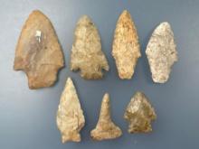 7 Various Arrowheads, Longest is 2 5/8", Found in Midwestern US