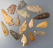 15 Fine Arrowheads, Various Styles, Longest is 2 1/4", Found along the Nemaha River in Nemaha Co.,KS