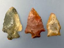 3 Fine Points, Bifurcates and Side Notch, Jasper, Chert, Longest is 1 3/4", Found in Sussex Co., DE