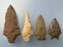 4 Impressive Points, Bifurcate, Stemmed, Drill, Longest is 3 3/8", Found in Sussex Co., Delaware
