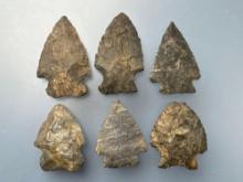 6 Rhyolite and Chert Points, Longest is 2", Found by J. Fissel in Orrtanna, Pennsylvania