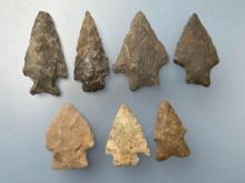 7 Various Arrowheads, Longest is 2 1/8", Found by J. Fissel in Orrtanna, Pennsylvania