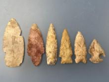 6 FINE Arrowheads, Found in Illinois, Longest is 3 5/8", Ex: H.W. Tieman Collection, Vandergrift
