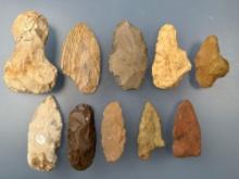 Lot of 10 Blades, Preforms, Knives, Longest is 4", Central States, Flaked Axe