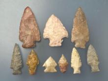 8 Fine Arrowheads, Longest is 2 7/8", Found in Greenwood Co., Kansas by Terry Miller