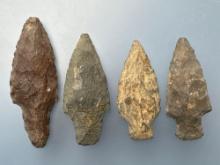 4 Archaic Stem Points, Longest is 3", Found along the Lower Susquehanna River in Pennsylvania