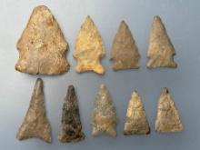 9 Various Arrowheads, Longest is 2 1/16", Most found by J. Fissel, Orrtanna, Pennsylvania