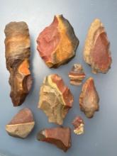 9 Various Horse Creek Chert Tools, Blades, Longest is 4 1/4", Found in Hardin Co., Tennessee