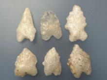 6 Well-Made Quartz Bifurcate Points, Longest 1 1/4", Found in Pennsylvania, Ex: Rich Johnston