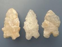 3 Nice Quartz Bifurcate Points, Longest is 1 1/4", Found in Pennsylvania, Ex: Rich Johnston, Madeira