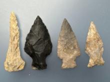 4 Various Points, Drill, Longest is 2 3/16", Found Along Delaware River in Pennsylvania,