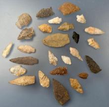 26 Various Arrowheads, Longest is 2 1/2", Cohansey, Quartz, Chert, Found in SE Pennsylvania