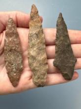 3 Colorful Quartzite Poplar Island Points, Longest is 3 3/4", Found in Lancaster Co., Pennsylvania,