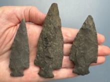 3 Stemmed Points, Longest is 3 1/2", Found in Berks Co., Pennsylvania, Ex: Ted Knieriem