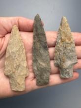 3 Fine Stemmed Points, Longest is 3 1/4", Found in Lancaster Co., Pennsylvania, Ex: Ted Knieriem