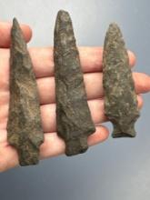 3 Fine Stemmed Points, Archaic, Longest is 3 5/16", Found in Lancaster Co., Pennsylvania,