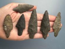 6 Various Stemmed Arrowheads, Longest is 3", Found in Lancaster Co., Pennsylvania, Ex: Ted Knieriem