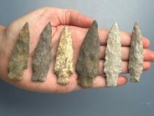 6 Nice Arrowheads, Stemmed, Longest is 3", Found in Lancaster Co., Pennsylvania, Ex: Ted Knieriem