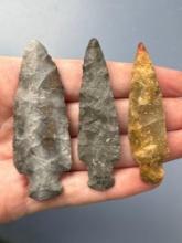 3 Nice Stemmed Points, Longest is 2 3/4", Found in Leavenworth Co., Kansas by Terry Miller