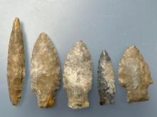 5 Fine Arrowheads, Nice Examples, Longest is 3 1/16", Found in Ponca City, Oklahoma