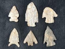 6 Various Arrowheads, Several Nice Examples, Longest is 2 1/2", Illinois, Ex: Vandergrift