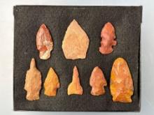 Lot of 8 Various Oklahoma and Kansas Arrowheads, Jasper, Longest is 2 1/8", Ex: Vandergrift