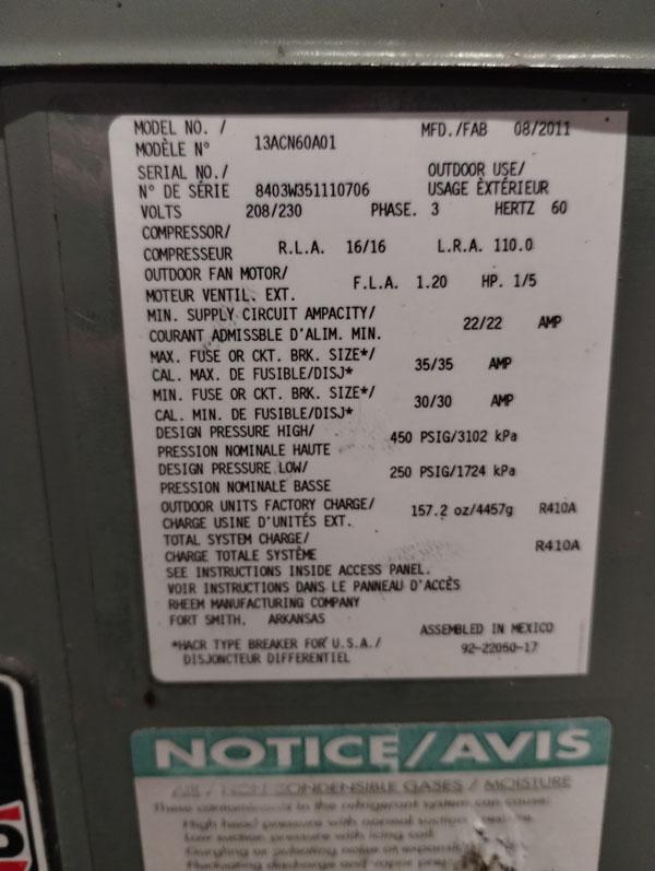 RUUD A/C UNIT MODEL:13ACN60A01 - PHASE 3, 208/230VOLTS, 60 HERTZ