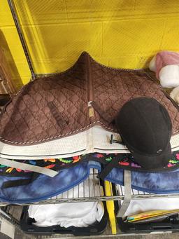 LOT OF HORSE SADDLE PADS WITH ASST HORSE BACK RIDING AND GROOMING ACCESSORIES