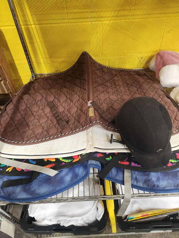 LOT OF HORSE SADDLE PADS WITH ASST HORSE BACK RIDING AND GROOMING ACCESSORIES