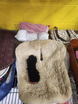 LOT OF HORSE SADDLE PADS WITH ASST HORSE BACK RIDING AND GROOMING ACCESSORIES