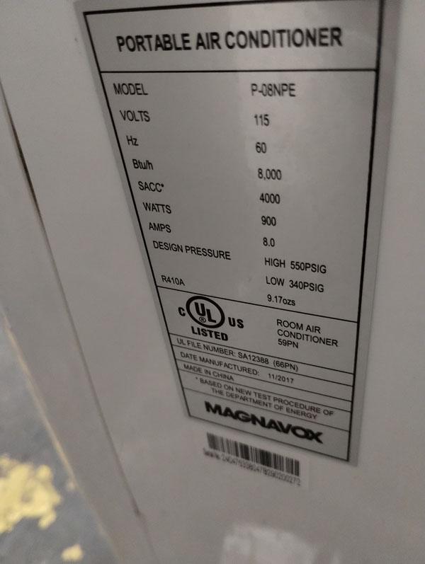 MAGNAVOX PORTABLE AIR CONDITIONER - MODEL P-08NPE