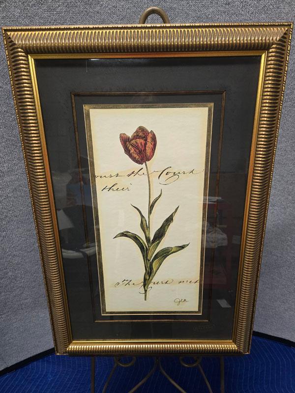SET OF DECORATIVE FRAMED FLORAL PRINTS- LEFT: "LES FLUERS" RETAILING FOR $ MEASURING 19.5" X 25.5" ,